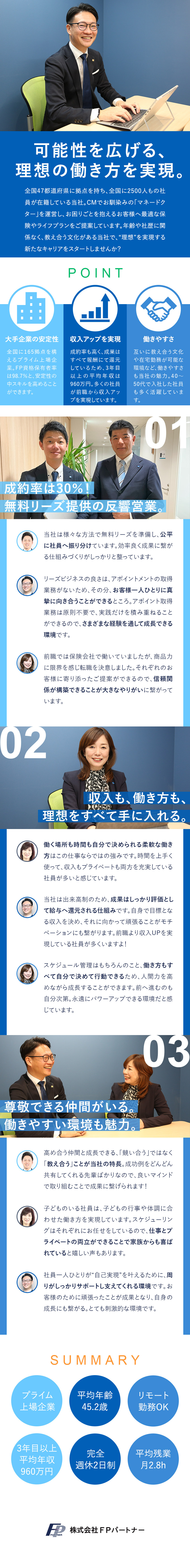 【安定性】全国165拠点を構えるプライム上場企業／【40～50代活躍中】研修充実＆教え合う文化で成長／【待遇】成果は報酬へ！3年目以上平均年収960万円／株式会社ＦＰパートナー【プライム市場】