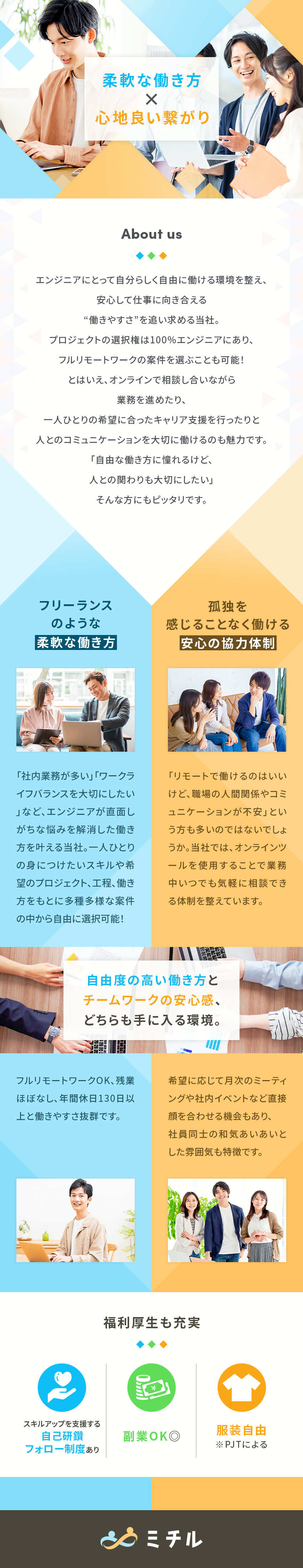 【裁量◎】自由に案件選択可能／プライム案件8割以上／【待遇◎】売上連動型の評価制度／キャリア支援体制／【働きやすさ◎】フルリモートOK／社内業務なし／ミチル株式会社