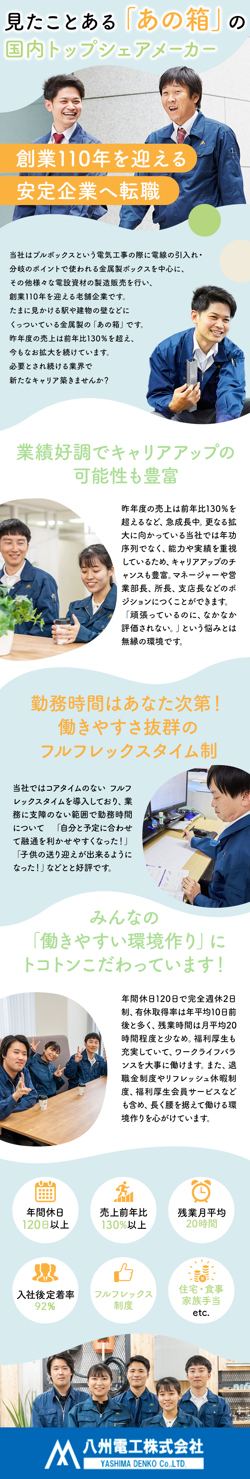 反響営業：テレアポ、飛び込み一切なし！既存顧客中心／研修制度：半年間じっくり学べる環境／未経験でも安心／働き方：オフィスワーク中心の営業職／フレックス制／八州電工株式会社