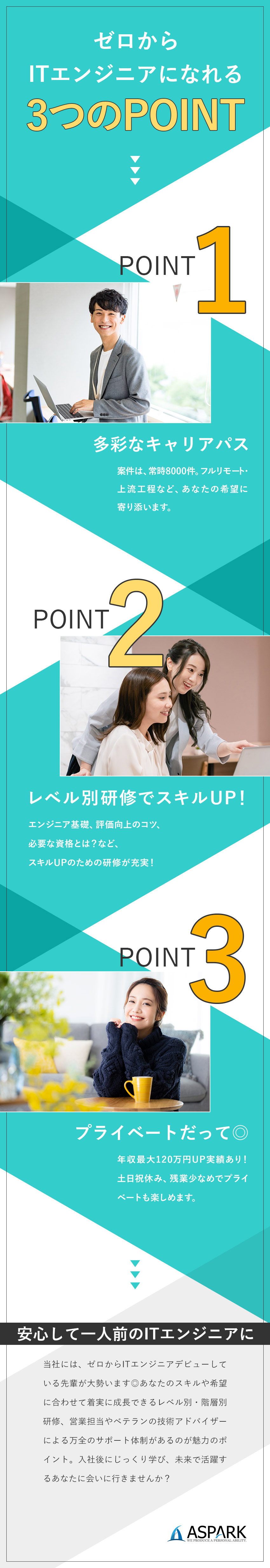 基礎から語学・最新の技術トレンドまで幅広い研修制度／転職で年収60万円～120万円のアップの実績あり◎／年休120日／土日祝休／残業少／フルリモート案件有／株式会社アスパーク