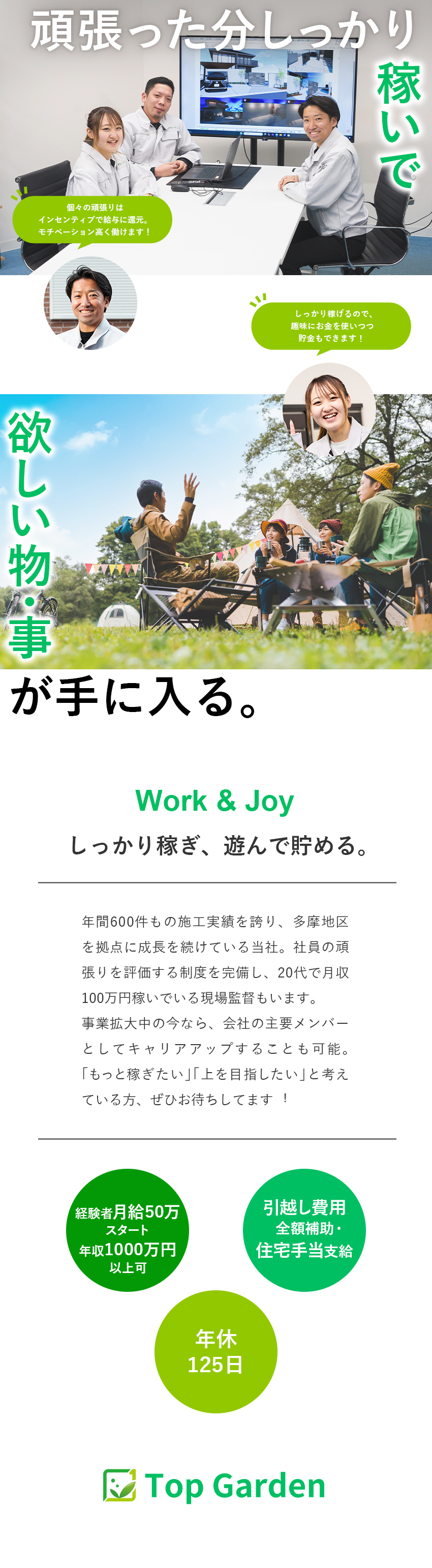 【頑張りを給与に還元】手厚いインセンティブで評価！／【将来性】年間施工600件の成長企業で正社員に！／【働きやすさ】年休125日・完全週休2日制！／株式会社トップガーデン