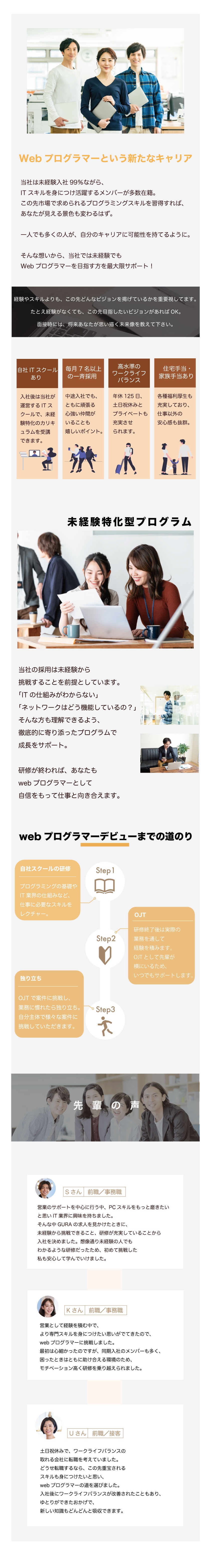 ＜未経験歓迎＞自社ITスクール研修で基礎から学べる／＜労働環境＞年休125日／土日祝休み／手当も多数！／＜同期入社多数＞毎月7名以上の一斉採用で仲間と成長／株式会社ＧＵＲＡ