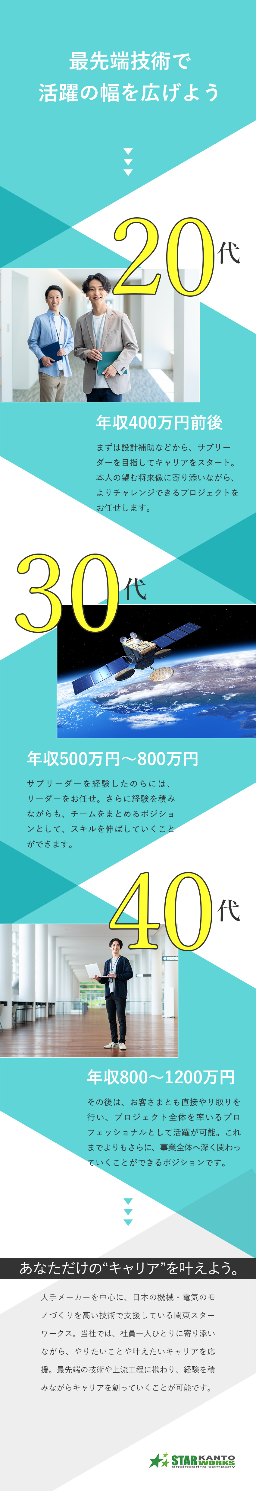 【やりがい】世界をリードする先端PJ3000件以上／【成長性】キャリアを一緒に描ける／ポテンシャル採用／【待遇】賞与4カ月／年休120日以上／残業少なめ／関東スターワークス株式会社(スターワークスグループ)