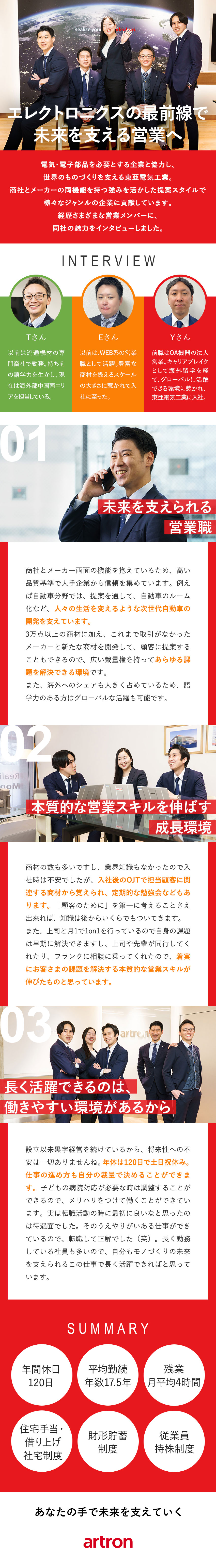 【安定】創業以来76年連続黒字経営の専門商社／【成長】課題解決など市場価値の高いスキルを伸ばす／【待遇】年休120日／土日祝休／残業月4h／東亜電気工業株式会社