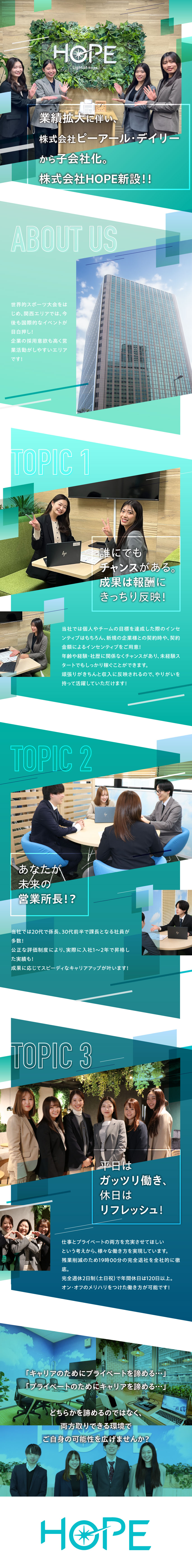 【若手活躍】定着率95％＋平均年齢24.8歳／【社長面接】事業＝人！直接ビジョンをお伝え／完全週休2日制／年休122日／残業少なめ／株式会社ＨＯＰＥ