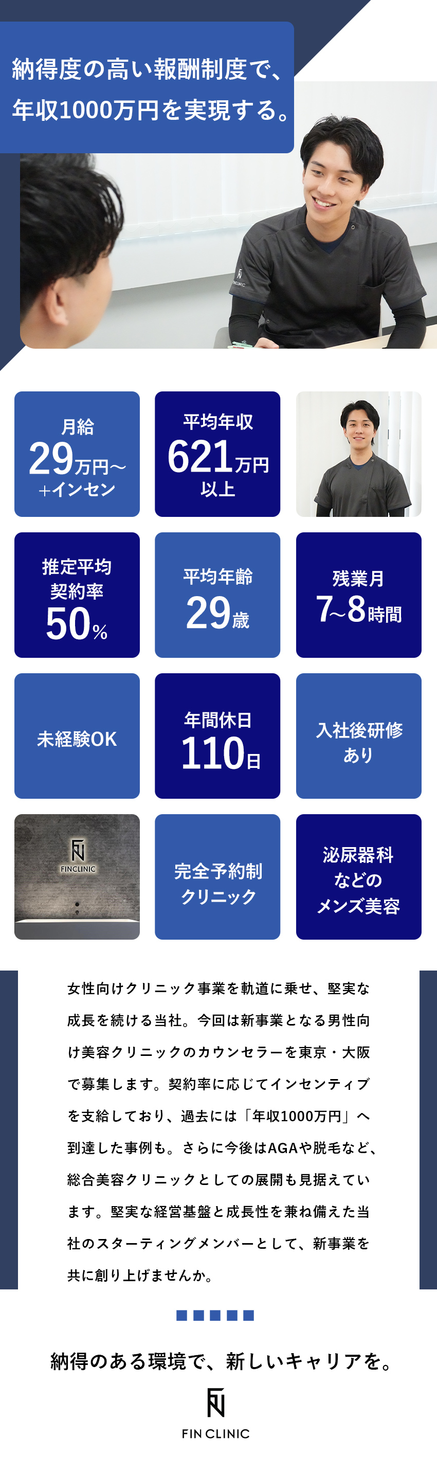 【新規立ち上げ事業】ニーズ高まる男性美容クリニック／【年収UP】未経験から年収600～1000万円実績／月給29万円+インセンティブ／完全予約制で残業少／一般社団法人冀望会