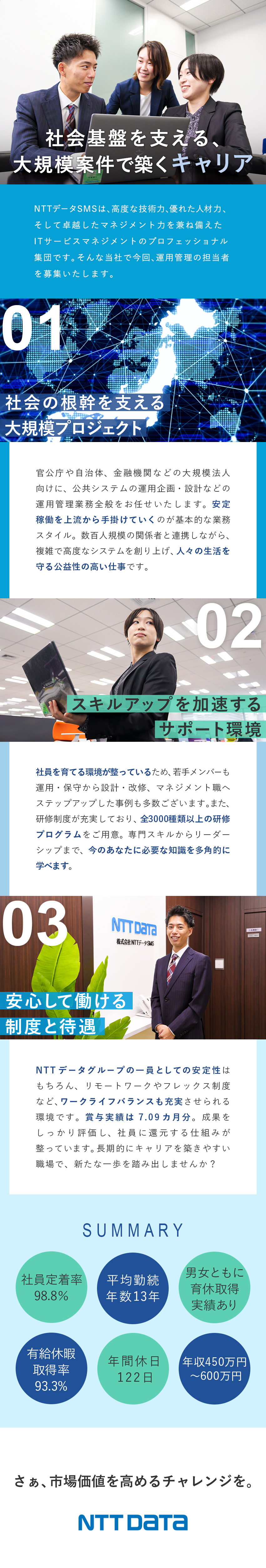 【上流から参画】社会を支える公共システムの運用設計／【市場価値アップ】社内外の研修は3000種類以上！／【安定性】年間休日122日／賞与7.09カ月分／株式会社ＮＴＴデータＳＭＳ