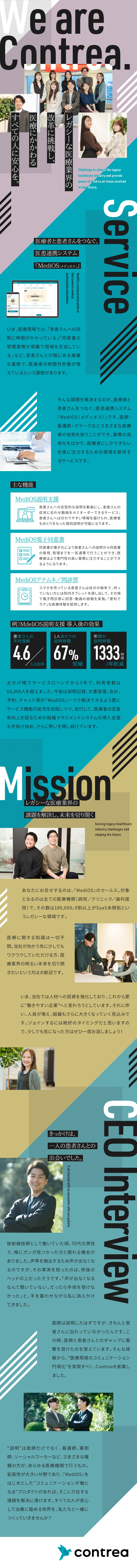 ミッションは「医療にかかわるすべての人に安心を。」／医師と患者さんを繋ぐ次世代型プラットフォームを提案／医療の未来を一緒に創っていく仲間を探しています／Contrea株式会社