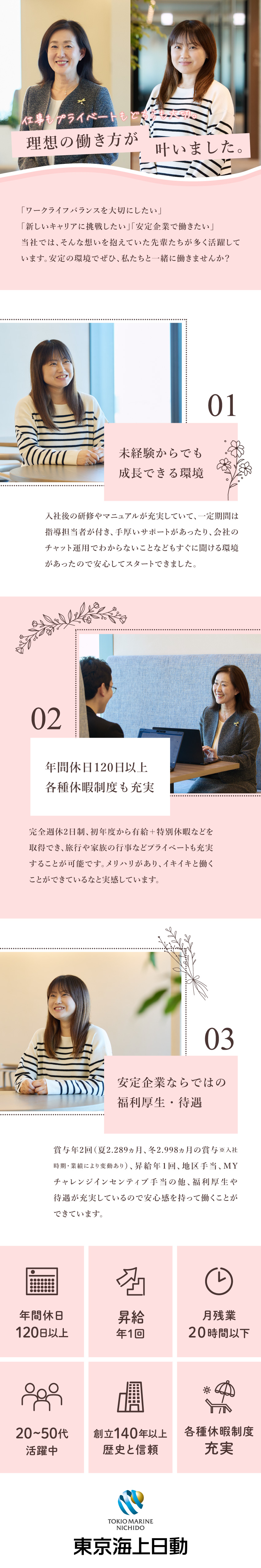 充実研修・教育制度◆一定期間は指導担当者がサポート／1879年設立◆培った実績とノウハウで安定経営／働きやすい◆年休120日以上／ 残業月10～20h／東京海上日動火災保険株式会社