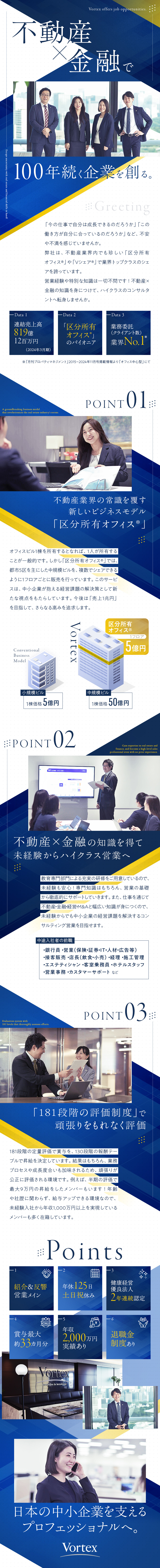 【企業】区分所有オフィス（R）のパイオニア／【営業スタイル】金融機関からの紹介と反響中心の営業／【待遇】平均年収600万円！年収2,000万円も可／株式会社ボルテックス