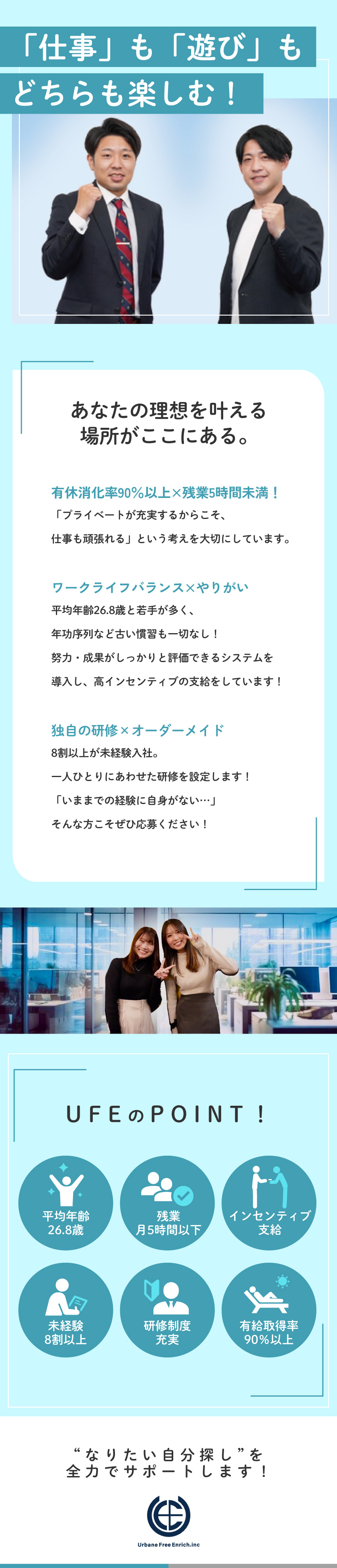 【働きやすさ】年間休日125日／残業月0～5時間／【研修充実】8割未経験スタート／最長1年の研修／【インセンティブ】正当な評価をお約束します！／株式会社ＵＦＥ