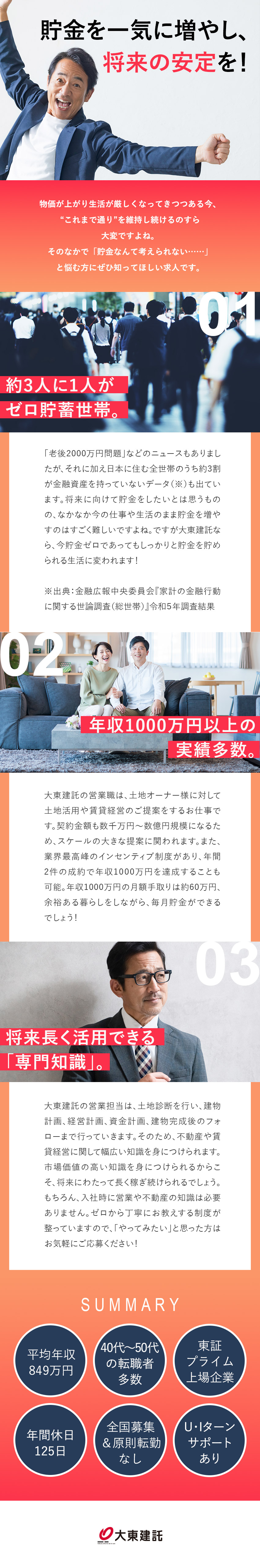 未経験OK／コツコツ真面目なタイプが活躍中！／高収入／年収1000万円以上を稼ぐ社員多数在籍／年休125日／基本土日祝休み／固定給月26万円～／大東建託株式会社【プライム市場】