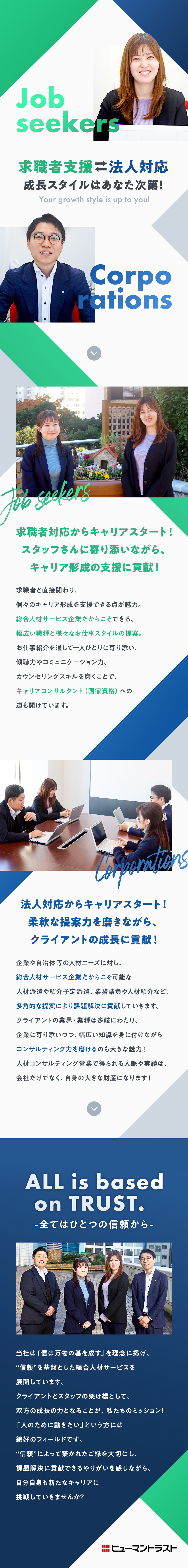 設立30周年を迎える安定した総合人材サービス企業！／求職者対応、または法人対応から人材業界デビュー！／未経験歓迎／完全週休2日／年休120日／残業少なめ／株式会社ヒューマントラスト