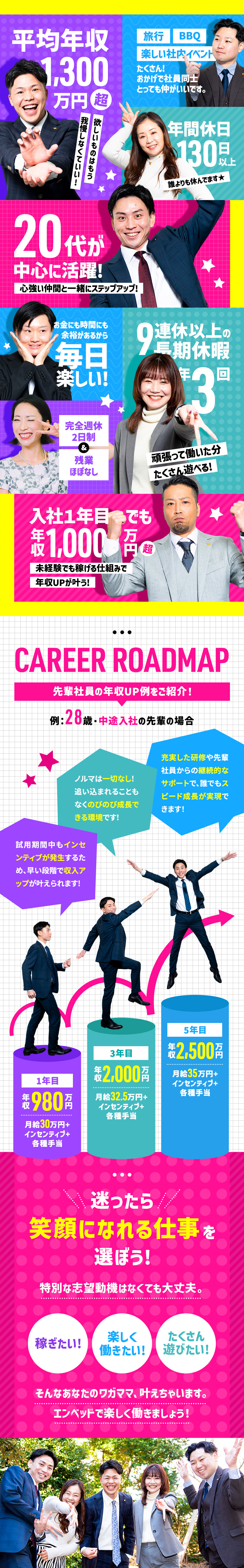 月給30万～+インセンティブ／平均年収1300万円／反響営業あり／ノルマなし／公平な評価制度／研修あり／完全週休2日／9連休以上の長期休暇年3回／残業なし／株式会社エンベッド