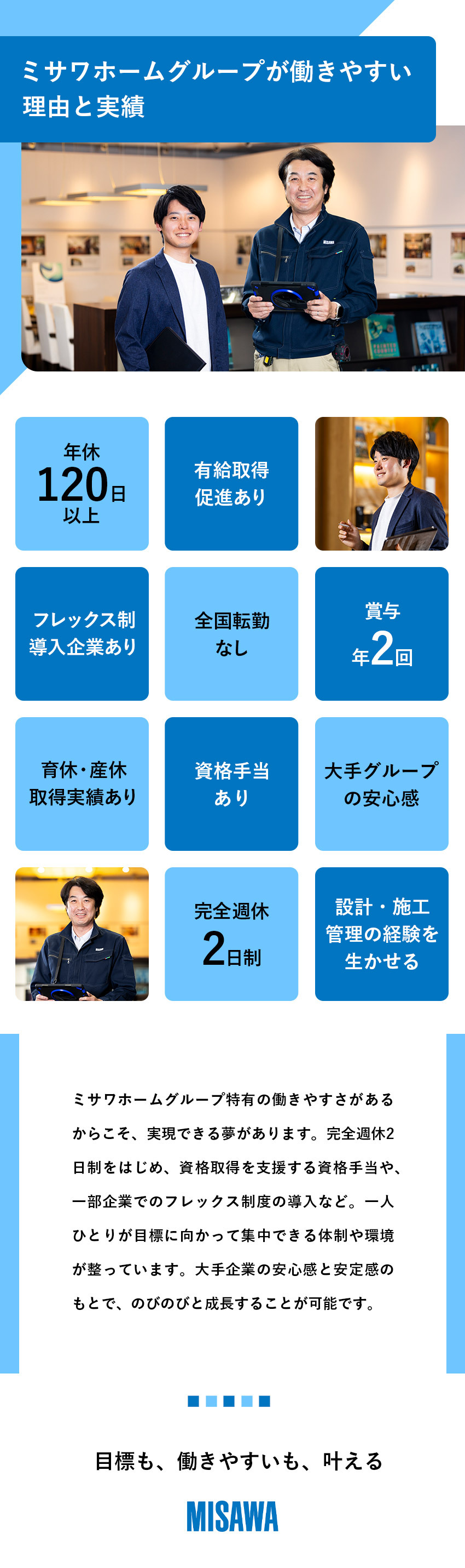 ミサワホームグループの安定性と提案力の高さ／完全週休2日制／転勤なし／フレックス導入企業多数／設計・施工管理の実務経験を生かせる職場／【ミサワホームグループ合同募集】東北ミサワホーム・ミサワホーム近畿・ミサワホーム・ミサワリフォーム近畿・ミサワリフォーム九州・ミサワリフォーム・ミサワリフォーム中部・アルゴスペースデザイン