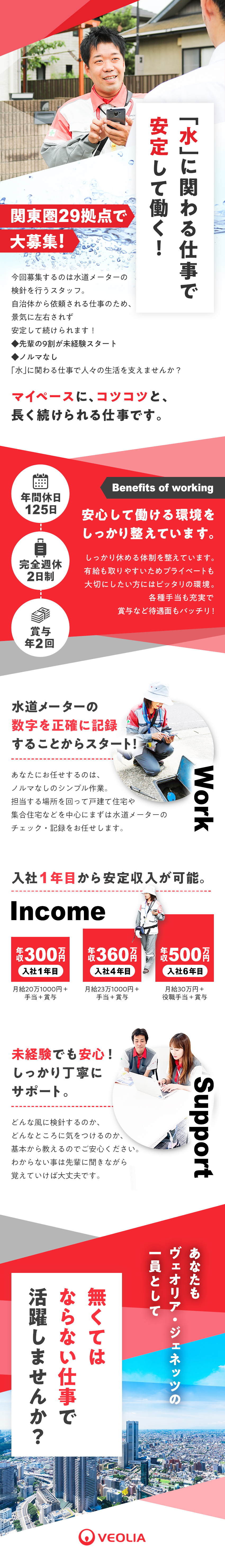 ノルマなし！先輩たちも9割が未経験からチャレンジ／完全週休2日×年間休日125日で有給も取りやすい／手当など福利厚生充実！ライフステージの変化も安心／ヴェオリア・ジェネッツ株式会社