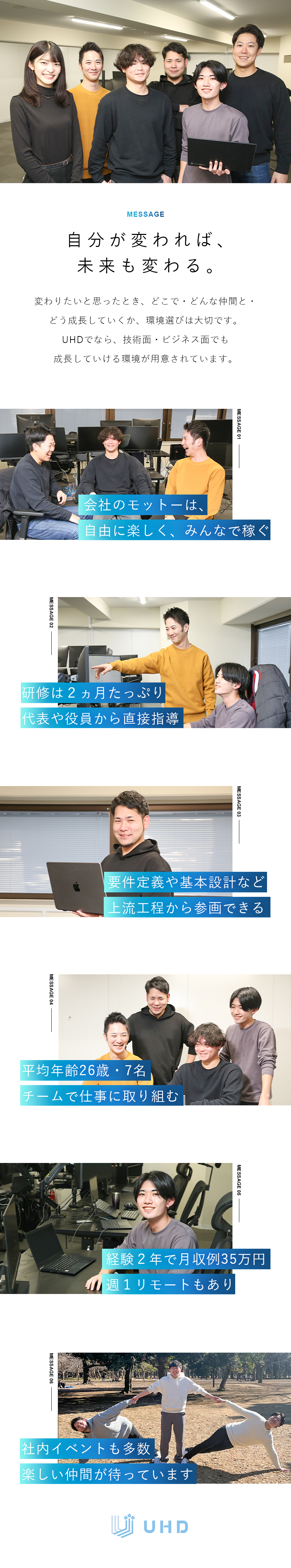 平均年齢26歳◎若手活躍中のベンチャーIT企業！／実務未経験歓迎！チームで上流工程から参画できる／五反田勤務／リモートあり／年休125日／土日祝休み／株式会社ＵＨＤ