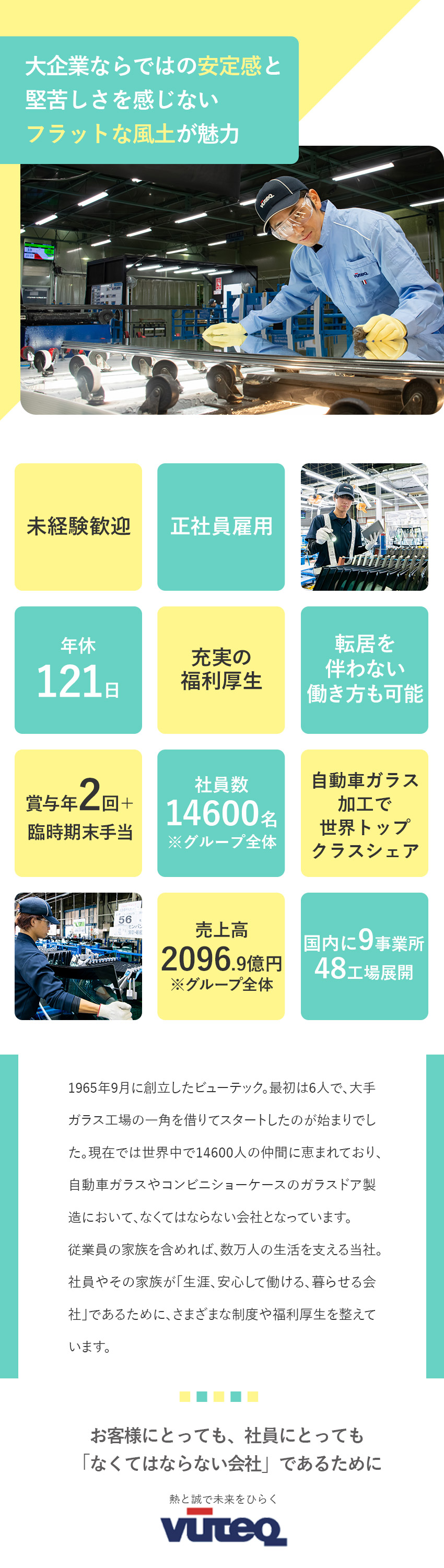 自動車用ガラス加工世界トップクラスシェアの実績／育英制度や従業員持株制度など充実の福利厚生／キャリアアップ可能！将来的に海外勤務の道もあります／ビューテック株式会社