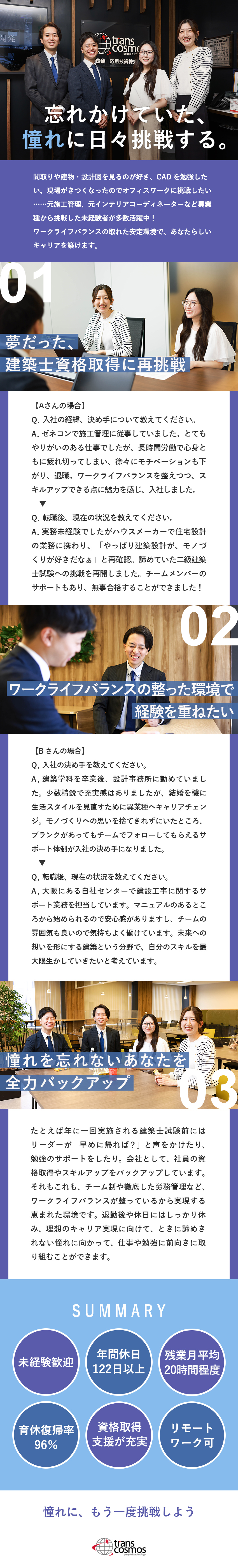 安定性◎プライム市場上場／研修制度充実／成長◎建築の実務経験不要／イチからしっかり学べます／働き方◎年休122日／完全週休2日／残業も少なめ／トランス・コスモス株式会社【プライム市場】