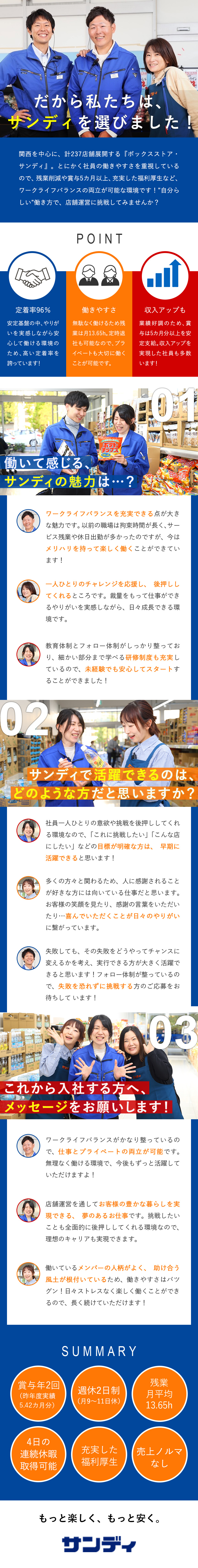 頑張りを正当に評価◎／店長最速昇格約2年半！／年間40店舗出店目標！賞与年5カ月分以上支給◎／定着率96％以上！無駄な残業がないから働きやすい◎／株式会社サンディ