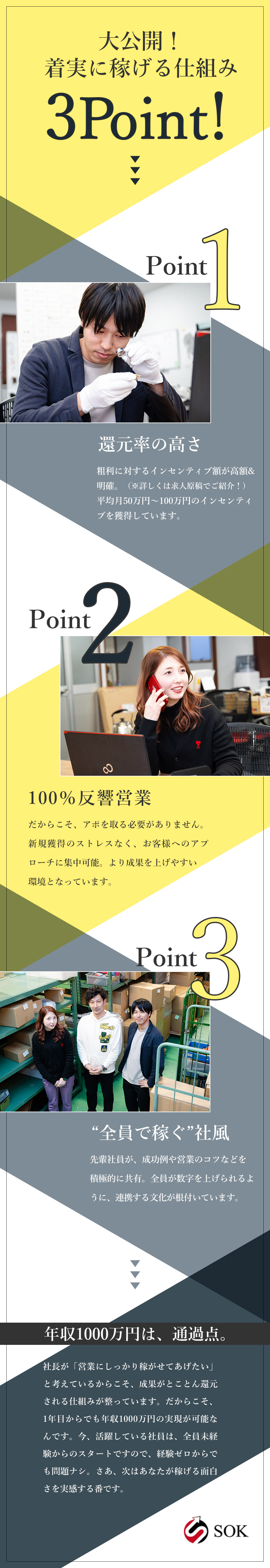 【稼げる環境】自分次第で年収2000万円も目指せる／【未経験でも安心】完全反響／研修・フォロー体制万全／【成長企業】将来性抜群◎依頼件数はまだまだ増加中！／株式会社ＳＯＫ