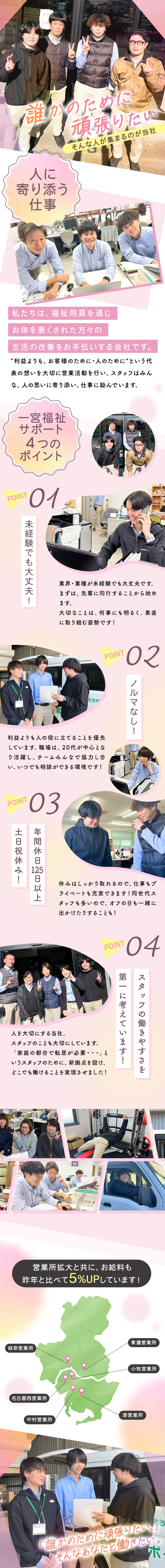 人柄重視採用／入社の90％が未経験から活躍中！／業績好調企業／過去2年間で2拠点を新たにオープン／福利厚生充実／年間休日125日・産育休の取得実績有／株式会社一宮福祉サポート