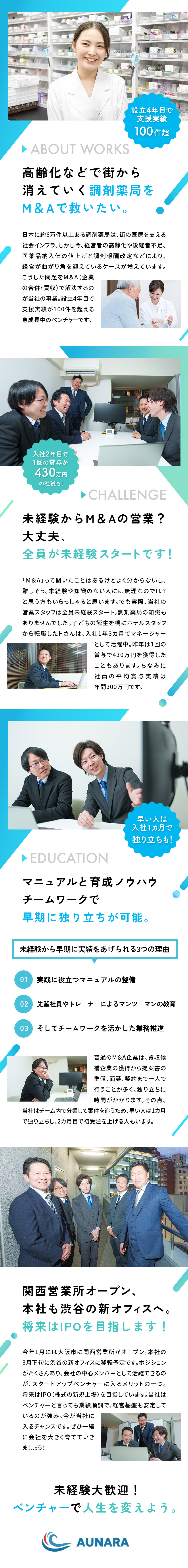 ★調剤薬局のM＆Aで地域の社会インフラ維持に貢献／★マニュアル整備、チームサポート等で未経験でも安心／★年平均賞与300万円、ベンチャー企業の中核社員に／株式会社アウナラ