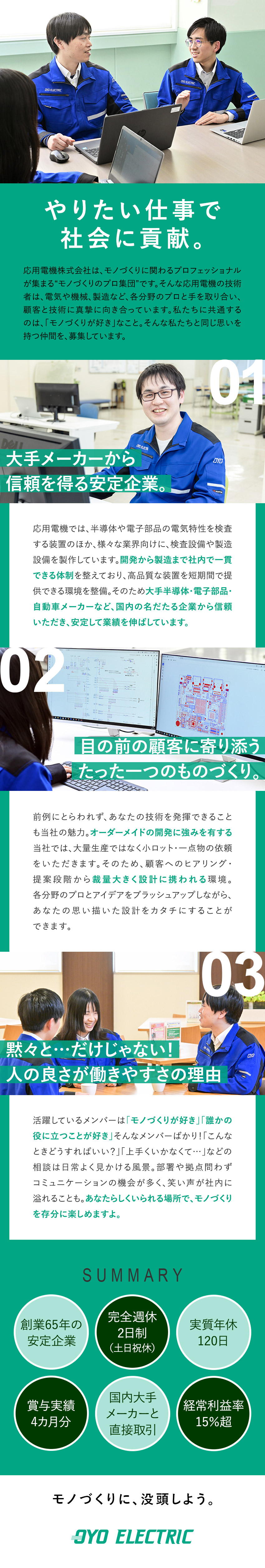 スキルUP◆提案から携わりチームで設計を具現化／研修充実◆実務未経験OK！経験者は即戦力へ／環境◆実質年休120日／賞与実績4カ月／残業20h／応用電機株式会社