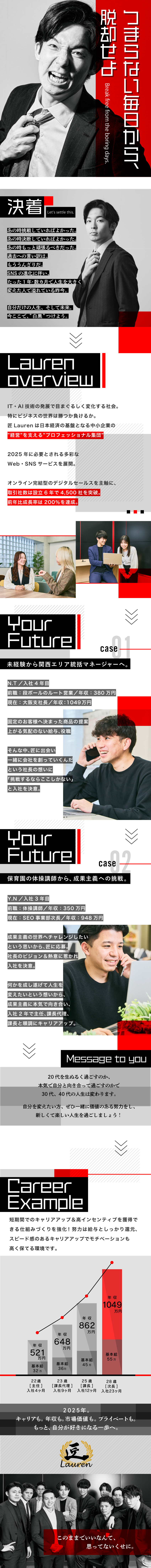 ◇自社サービス＆オンライン完結型のデジタルセールス／◇平均インセンティブは毎月12.5万円＆随時昇給／◇土日祝休＆年休125日以上／残業月25h未満／匠Ｌａｕｒｅｎ株式会社