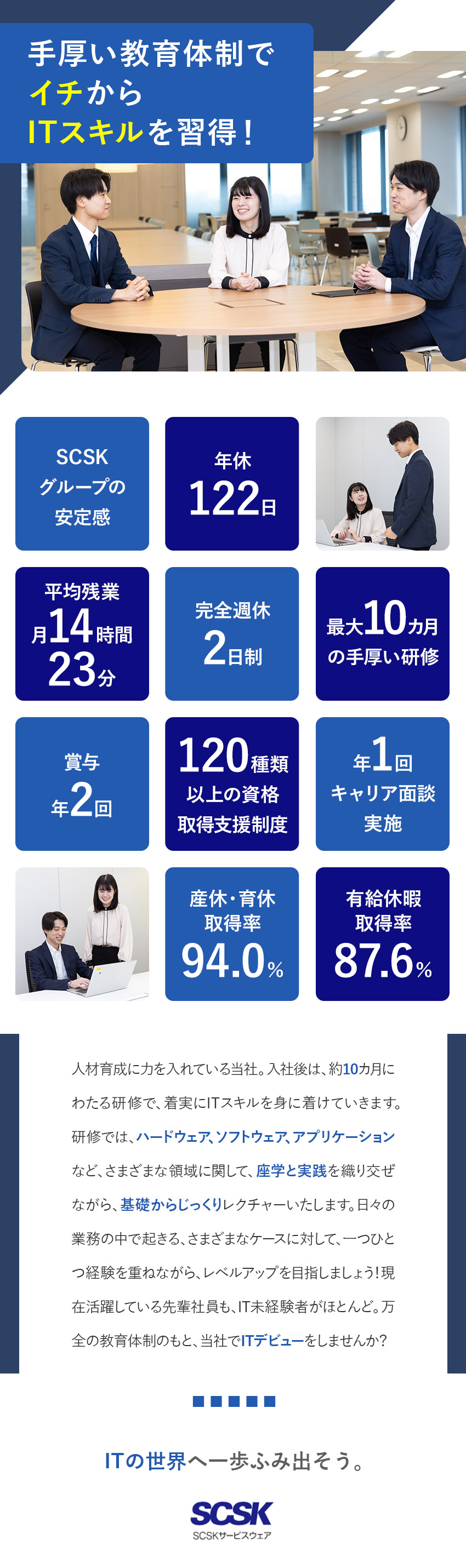 【安定基盤】IT業界を牽引するSCSKグループ／【成長】未経験から活躍中の先輩多数！／研修制度充実／【待遇】年休122日／残業月15h程度／完休2日制／SCSKサービスウェア株式会社（SCSK株式会社100%出資）