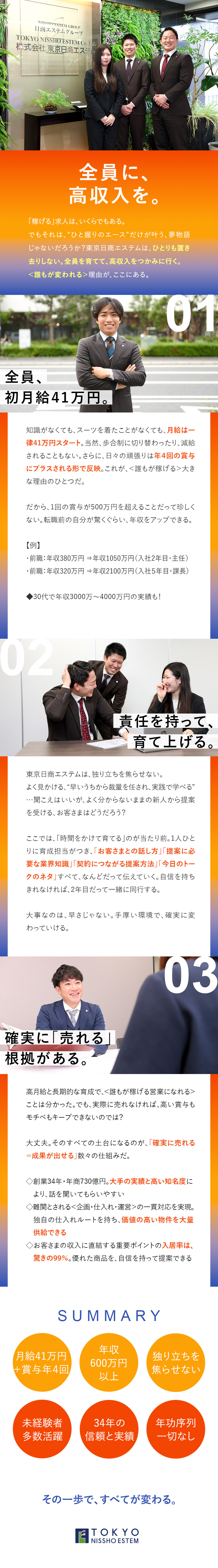 【高待遇】月給41万円以上／昇給年2回・賞与年4回／【年功序列なし】入社1年で主任に昇格する例も／【未経験歓迎】チーム体制で先輩社員が成長を支援／株式会社東京日商エステム(日商エステムグループ)