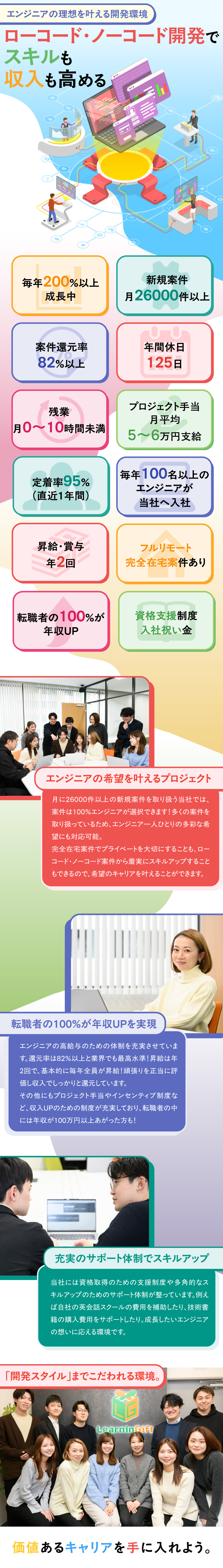 話題の開発スタイル！ローコード＆ノーコード案件多数／高収入を実現！昇給賞与年2回＆案件還元率82％／リモート＆在宅勤務可／年休125日以上／残業ナシ／ラーニンギフト株式会社