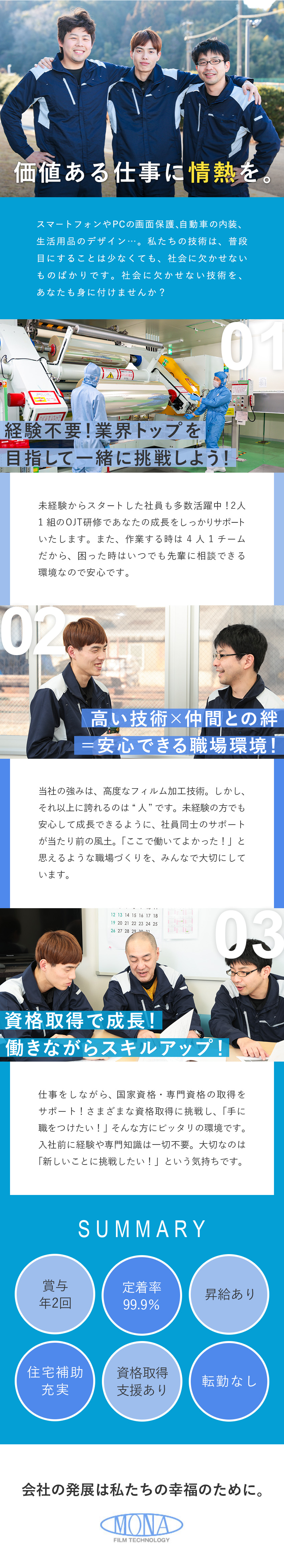 成長★未経験から成長できる／資格取得支援あり／働き方★土日休／チームワーク抜群／月給25万円～／安定★ニッチなフィルム業界／国内大手メーカーと取引／株式会社ＭＯＮＡコーポレーション