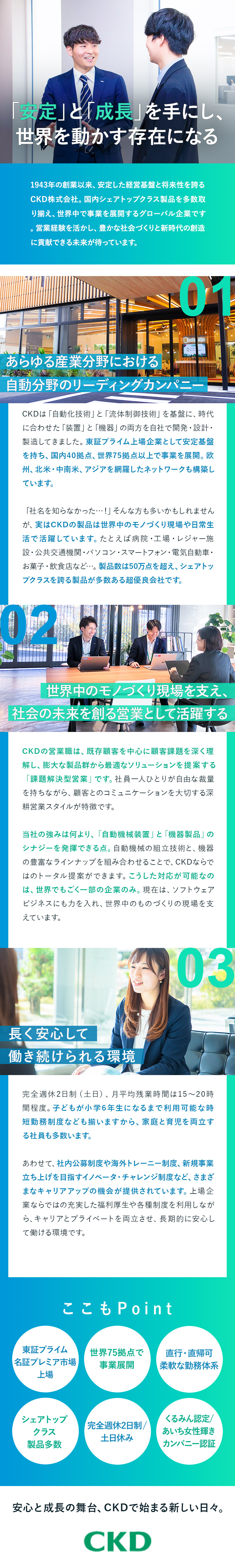 営業利益率10％超／業界シェアトップクラス製品多数／健康経営優良法人認定／賞与5カ月分実績／借上社宅／年休121日／土日祝休み／フレックス制／直行直帰可／ＣＫＤ株式会社【プライム市場】