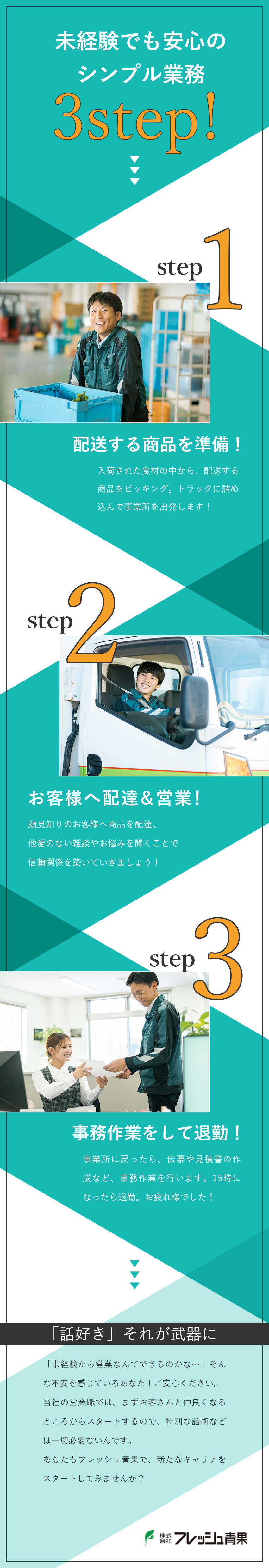 雑談での関係構築からスタート！多数の未経験者が活躍／売上高179億円！抜群の安定性で営業所も年々増加中／15時定時／転勤なし／インセンティブ制度あり／株式会社フレッシュ青果