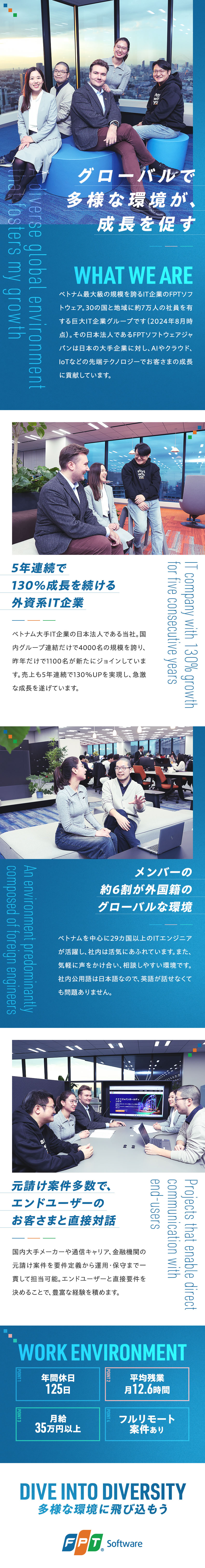 【外資IT企業】約7万人超が在籍するFPTグループ／大手プライム案件に最上流から参画し、経験を積める／年間休日125日／残業月12.6H／月給35万円～／ＦＰＴソフトウェアジャパン株式会社