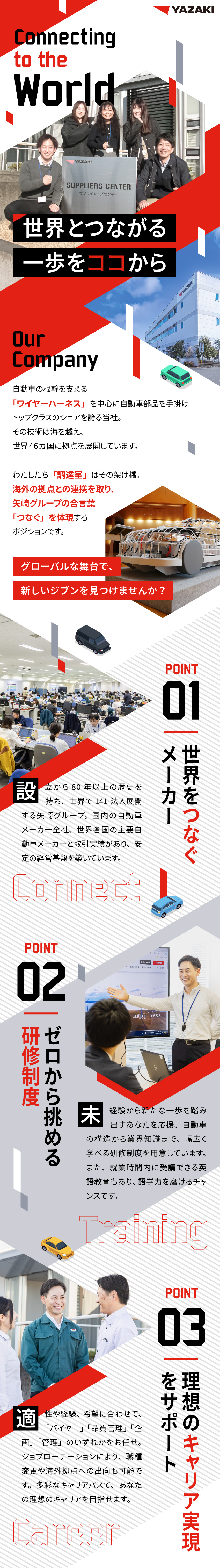 海外とのMTGや海外出張などグローバルな環境／未経験歓迎！座学・工場見学・英語教育など研修充実／フレックスタイム制、社宅・寮完備など働きやすさ抜群／矢崎総業株式会社