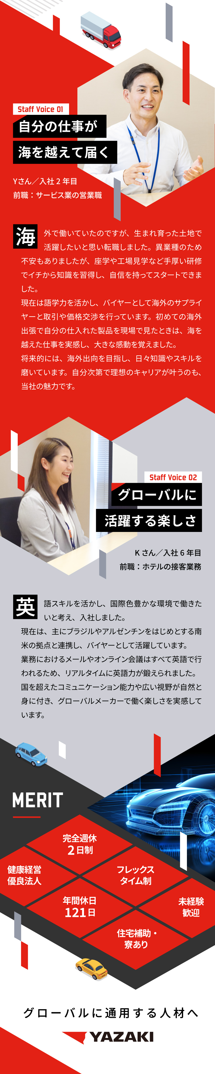 海外とのMTGや海外出張などグローバルな環境／未経験歓迎！座学・工場見学・英語教育など研修充実／フレックスタイム制、社宅・寮完備など働きやすさ抜群／矢崎総業株式会社