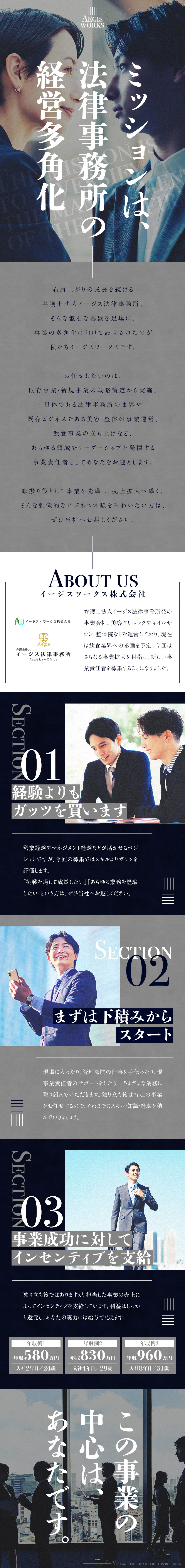 法律事務所を母体とした経営に挑む刺激的なポジション／さまざまな業務に挑戦し、幅広い知識・スキルを獲得／売上によって成果インセンティブを支給／イージス・ワークス株式会社(弁護士法人イージス法律事務所グループ)