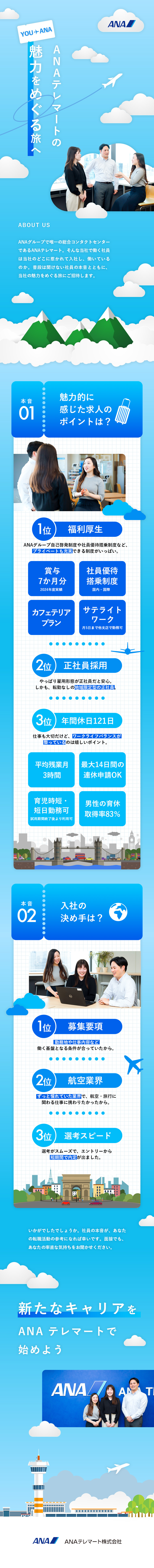 【憧れの航空業界】ANAとお客さまをつなぐ架け橋に／【正社員採用】座学研修からスタート・手厚い教育体制／平均残業3H／年休121日／男性育休取得83％／ＡＮＡテレマート株式会社(ＡＮＡグループ)