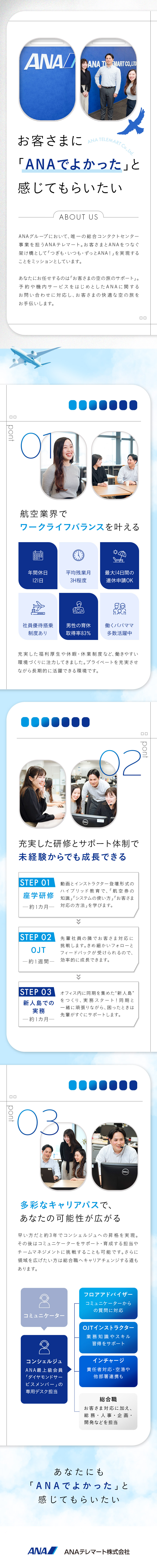 ANAとお客さまをつなぐ架け橋として活躍！／未経験歓迎／座学研修からスタート・手厚い教育体制／◆残業少なめ◆年休121日◆男性の育休取得83％／ＡＮＡテレマート株式会社(ＡＮＡグループ)