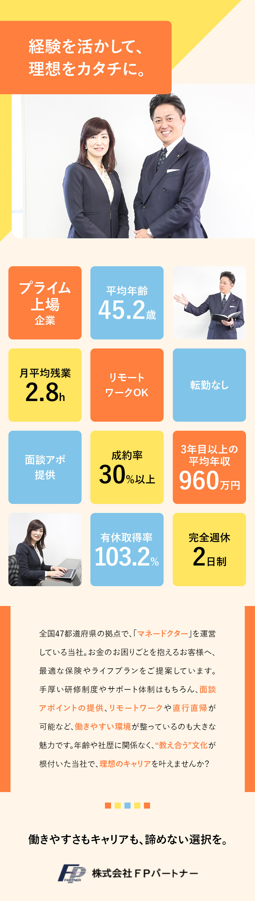 【安定性】全国165拠点を構えるプライム上場企業／【40～50代活躍中】手厚いサポートで売れる営業に／【環境】アポ提供／成果は報酬へ反映＆収入アップ／株式会社ＦＰパートナー【プライム市場】