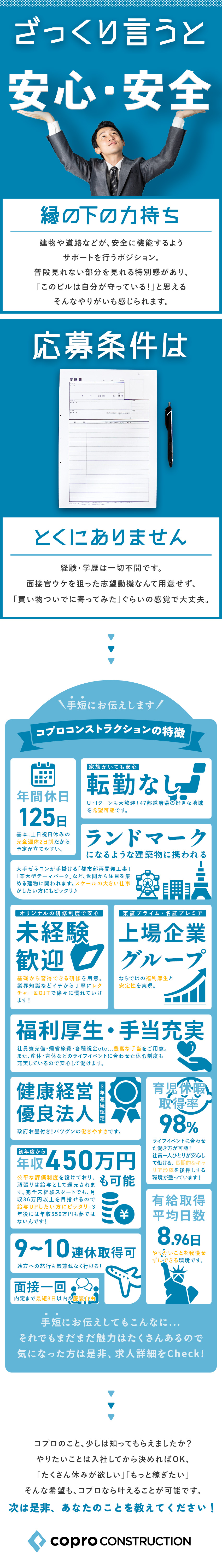 未経験OK⇒異業種からの転職者多数！充実研修あり／プライベート⇒年間休日125日＆残業少なめ／面接1回⇒志望動機や自己PRは不要！私服OK◎／株式会社コプロコンストラクション(株式会社コプロ・ホールディングスグループ)