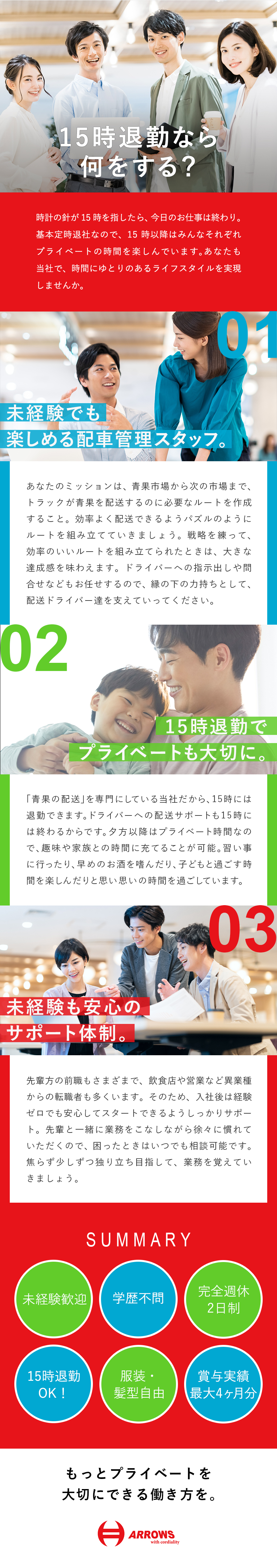 15時退勤！ほぼ定時退社で、月残業時間20ｈ以下！／転勤なし！安定した環境で腰を据えて働く。／完全週休2日制／服装・髪型・ネイル・ひげ自由／株式会社アローズ