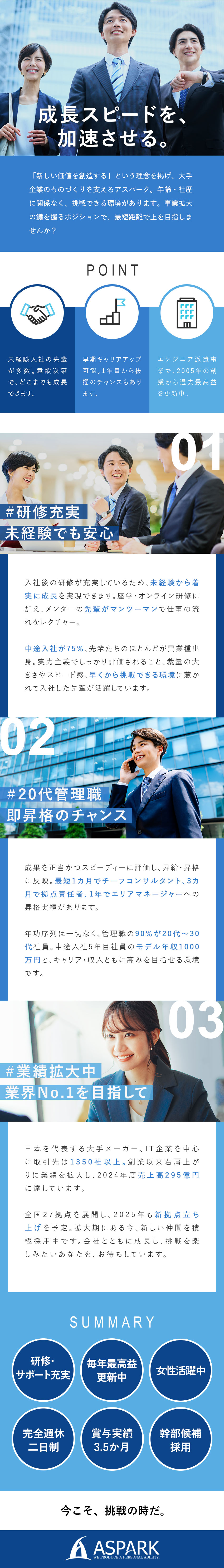 全国27拠点／売上高295億円／毎年最高益を更新中／幹部候補採用／最短1年でエリアマネージャー昇格実績／賞与3.5カ月分／入社5年目モデル年収1000万円／株式会社アスパーク