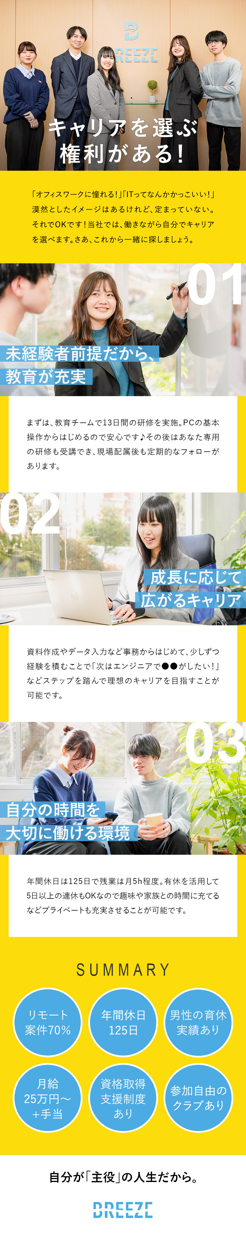 【教育】入社時研修＆あなた専用の個別研修あり／【キャリア】ITエンジニアや事務、デザイナーなど／【環境】年休125日・月残業5h程・リモート7割／株式会社ブリーズシェアード