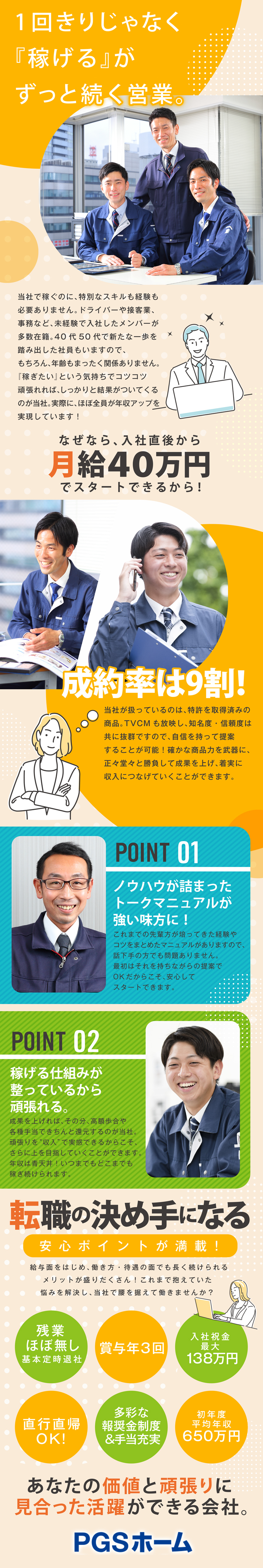 【高額歩合あり】入社1年目で年収1200万円も可能／【成約率9割】トークマニュアル有&チーム制の安心感／【メリット満載】賞与年3回／入社祝金最大138万円／株式会社ＰＧＳホーム