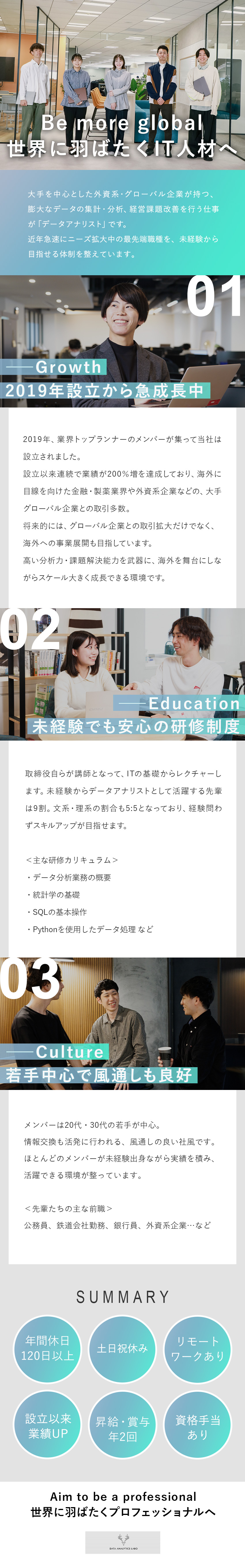 2019年設立から大手外資系企業とグローバルな展開／2カ月の研修で基礎から学べる／未経験スタートOK／データ分析×ITを磨いて市場価値の高い人材へ成長！／データアナリティクスラボ株式会社