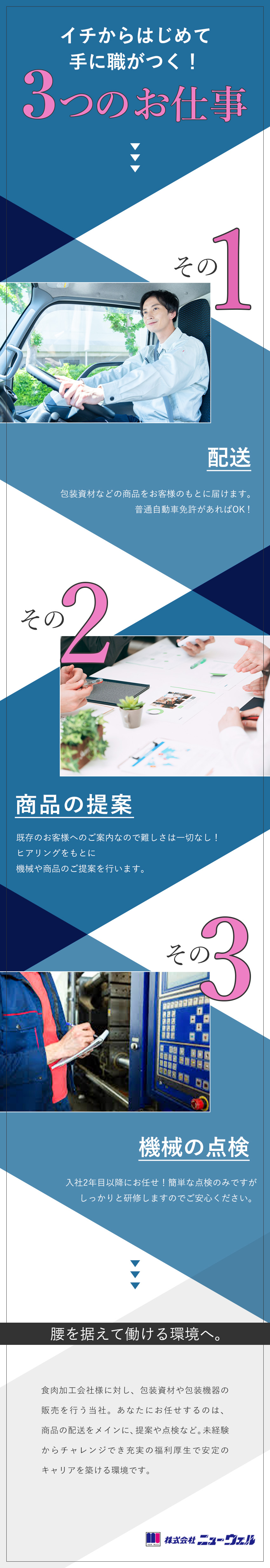 【未経験歓迎】必要なのは普通免許のみ！研修充実／【働きやすさ】飛び込み・テレアポ・ノルマなし／【充実の待遇】月給30万円スタート・賞与年2回／株式会社ニューウェル