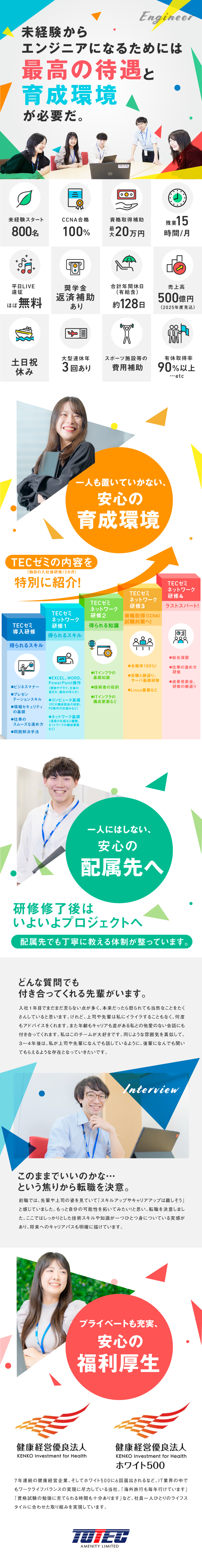 経済産業省より「ホワイト500」6回認定／８割が未経験スタート！入社３カ月間は研修のみに集中／「あったらいいな」を実現し、教育・福利厚生を充実／トーテックアメニティ株式会社